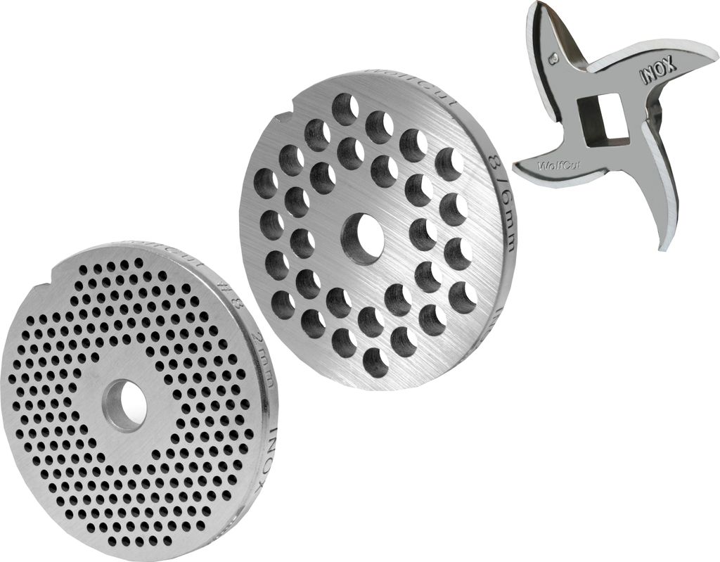 Fleischwolfscheibensatz 2 mm + 6 mm Bohrung und 1 Sichelmesser für alle gängigen Fleischwolf Größen 8