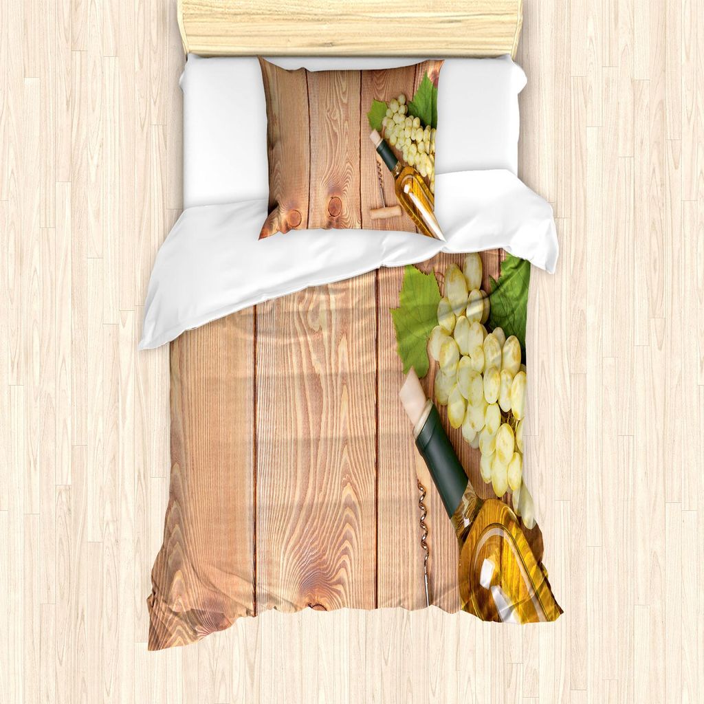 ABAKUHAUS Weingut Bettbezug Set, Weinflasche Und Weintraube Auf Holztisch Hintergrund Romantisches Italienisches Abendessen, 135 x 200 cm + 80 x 80...
