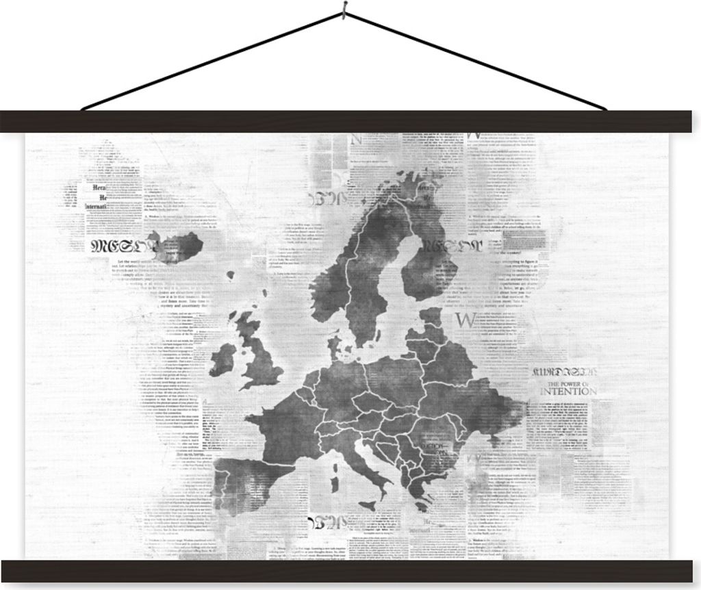MuchoWow Textilposter Eurocard auf Zeitungspapier - schwarz und weiß 150x100 cm mit schwarzem Rahmen - Schlafzimmer