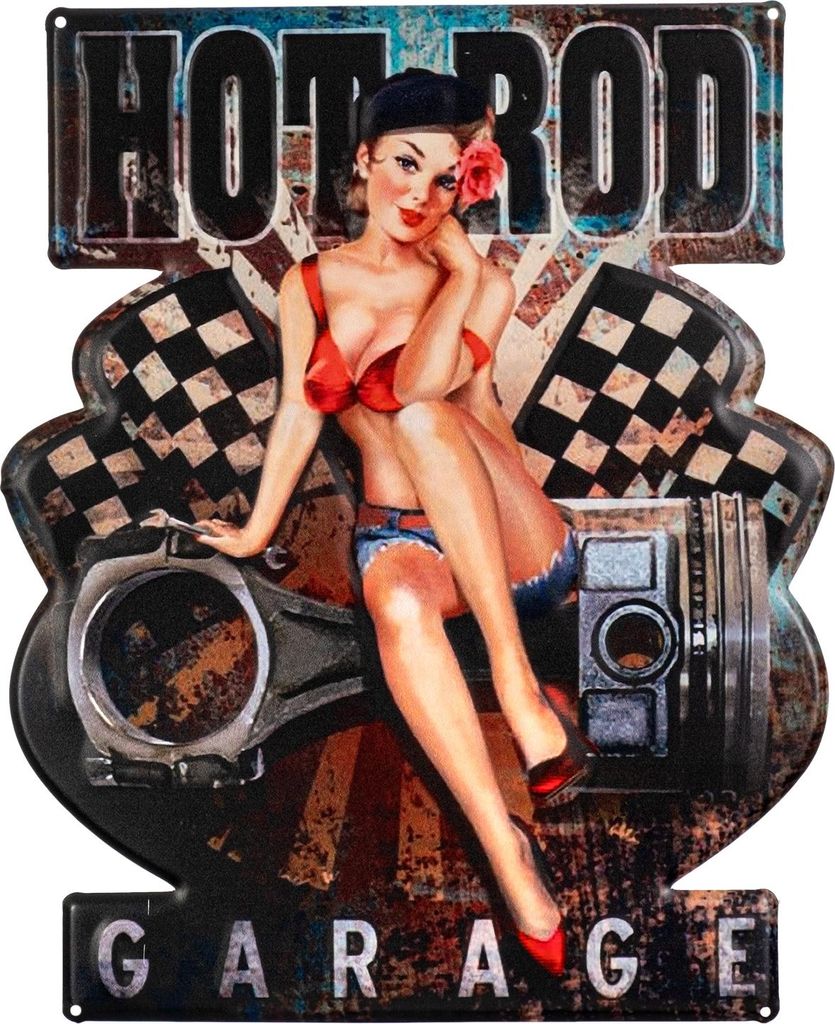 Moritz Blechschild 33 x 40 cm Hot Rod Zylinder Rockabilly Frau Garage Deko Metallschild Retro Vintage Retro Sprüche lustig