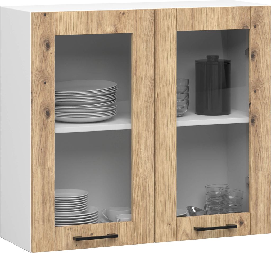 Küchenvitrine Weiß 80 cm Front Artisan Eiche 2 Regalböden B80xH72xT30,5 cm
