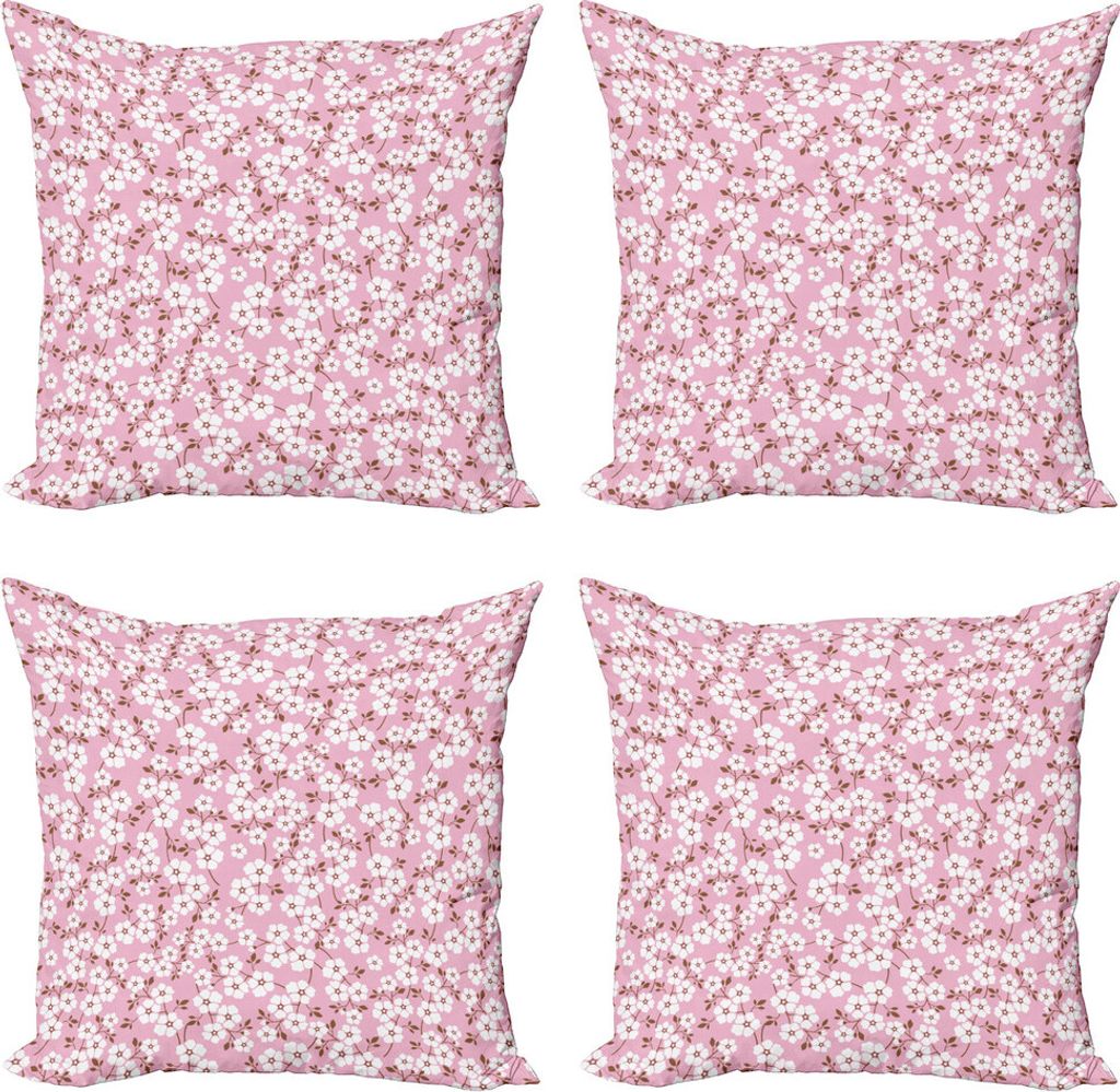 ABAKUHAUS Pink und Weiß Kissenbezug Set (4 Stück), Cheery Blüte, Moderner Doppelseitiger Digitaldruck, 40 cm x 40 cm, Rosa, Braun, Weiß