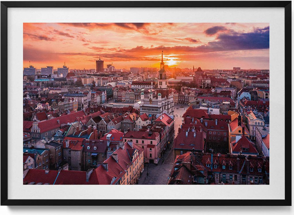 Poznan-Panorama– Wandbild mit Rahmen – Gerahmtes Bild – Wanddekoration – 100x70 cm – Schwarz Rahmen