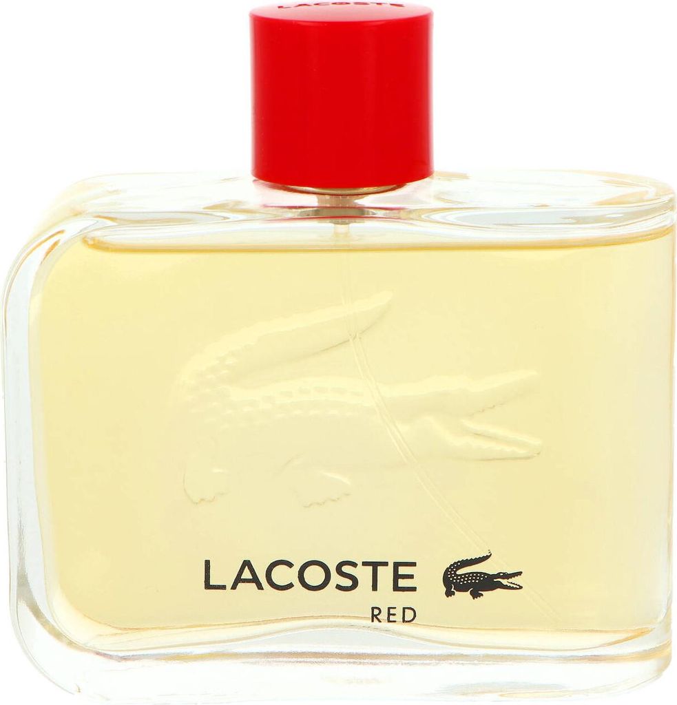 A clear, front-facing studio shot of a Lacoste Red eau de Toilette bottle.