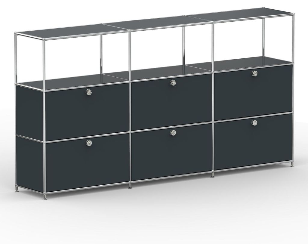 Hochschrank, 3 offene Fächer, 6 Klappen, Breite 227 cm, Anthrazit