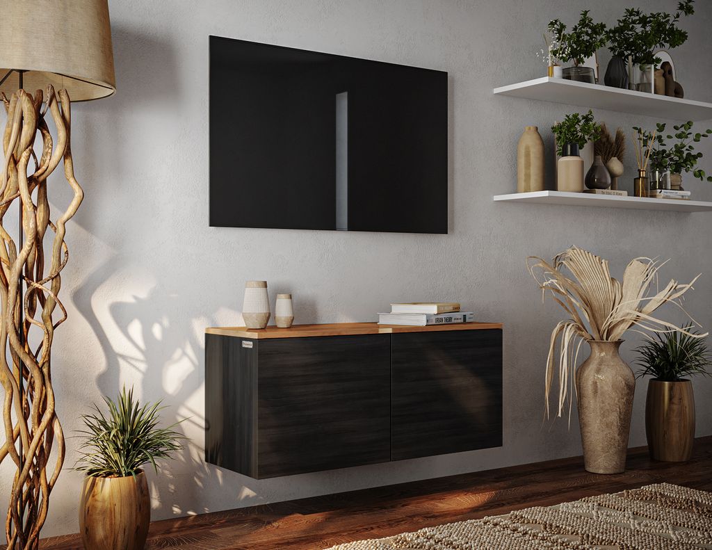 PLATAN ROOM Lowboard TV-Schrank 90 oder 180 cm Sideboard TV Kommode Hängend oder Stehend Eiche Matt / Schwarz Matt