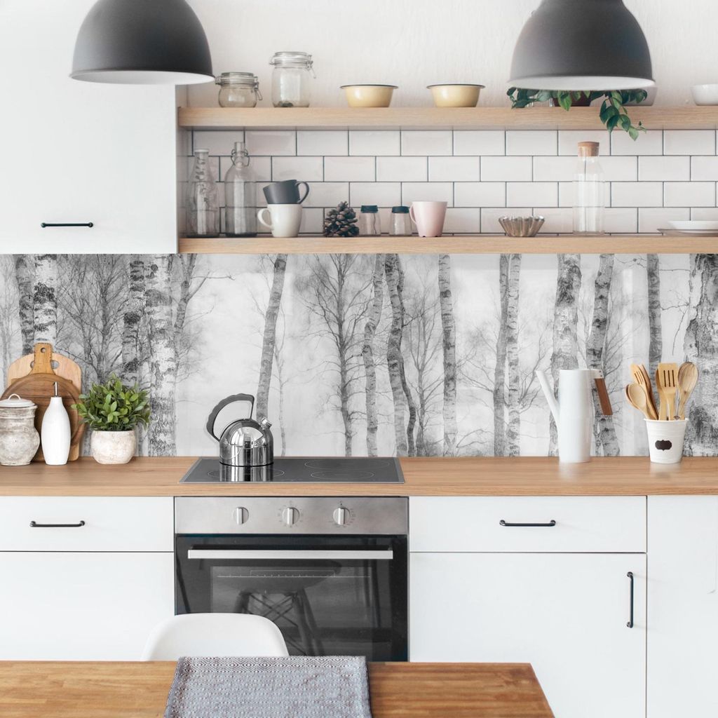 Küchenrückwand Wald selbstklebend - 0.65 mm Wandpaneel wasserfest Wald schwarz weiss Motiv Spritzschutz fugenlos