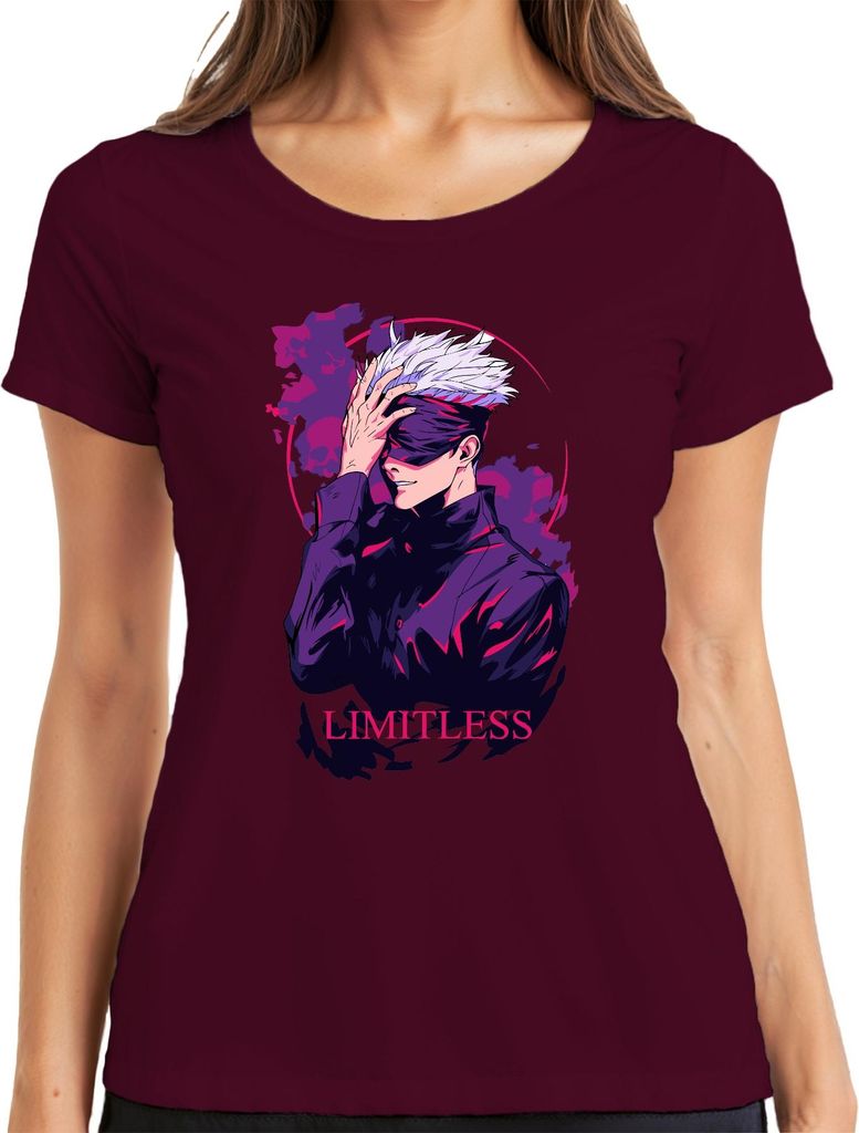 LIMITLESS Anime Augenbinde weißes Haar Manga Fan Geschenk Retro Damen T-Shirt, Burgundy, S