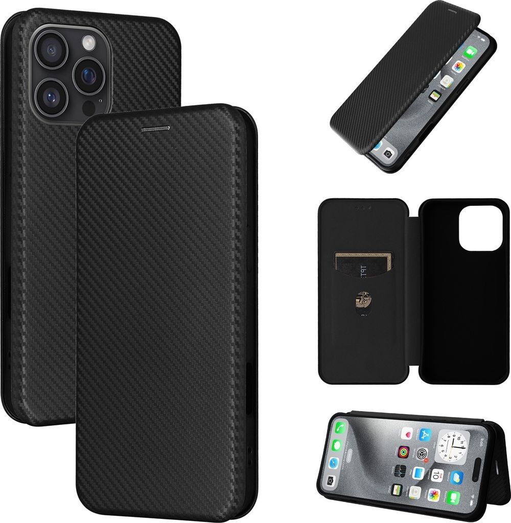Für Apple iPhone 16 Pro Max Carbon Faser Hybrid Flip Design Schutz Hülle Schwarz