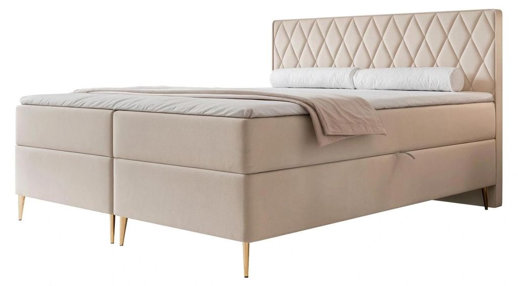 Boxspringbett PONTI II 200x200 Rautensteppung Bettkasten Bonellmatratze Samt Creme