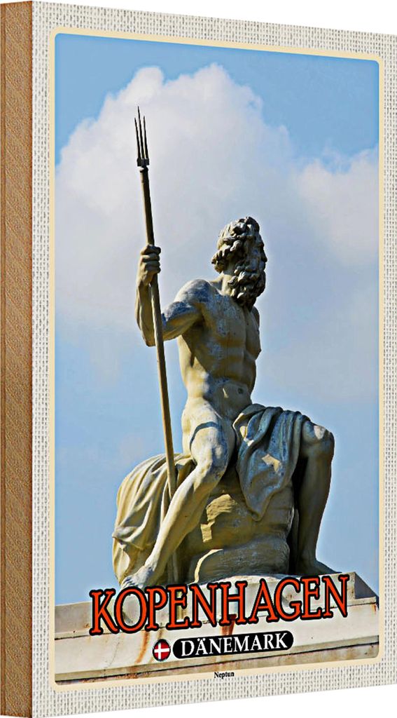 Holzschild Reise 20x30cm Kopenhagen Dänemark Neptun Statue