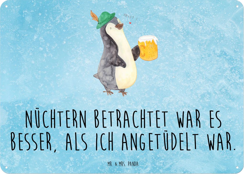 Mr. & Mrs. Panda tafel Pinguin Bier DIN A5 - Eisblau - Geschenk, Blechschild, Beschwippst, Wandbild, Schild, Angetüdelt, Retro, , Türschild