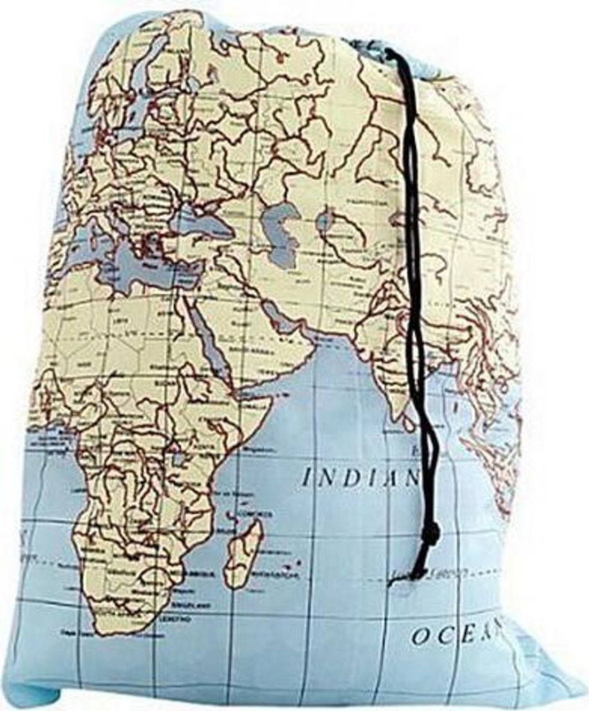 A laundry bag with a world map print.