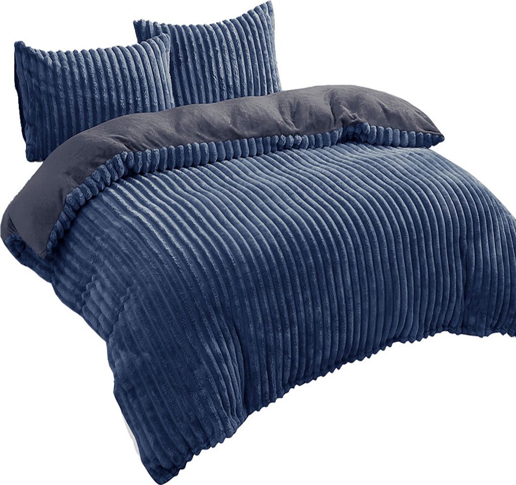 Bettwäsche 200x220 cm Set Teddyplüsch Cord Optik Dunkelblau Cashmere Touch flauschig