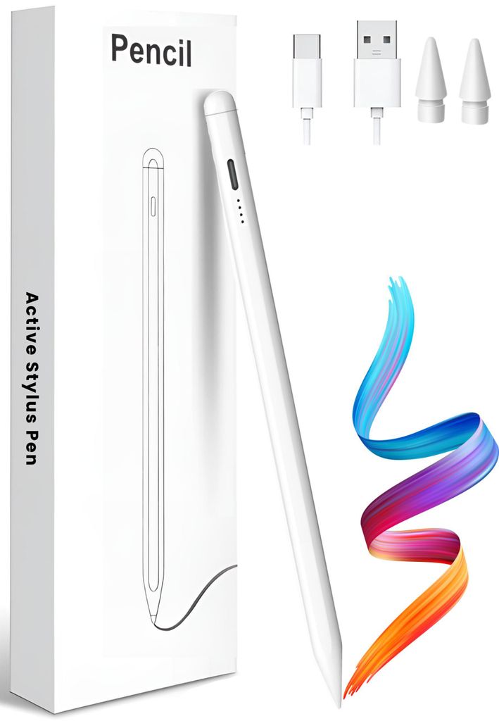 A white stylus pen and its accessories are displayed on a white background, with a colorful abstract swirl to the right.