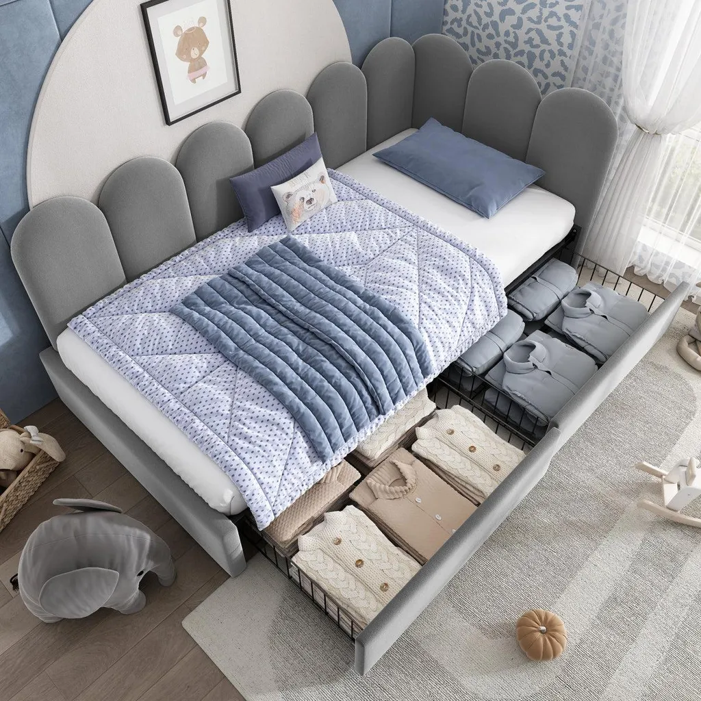 Lit simple 90x200 cm gris gain de place avec tiroirs pour chambre - 9