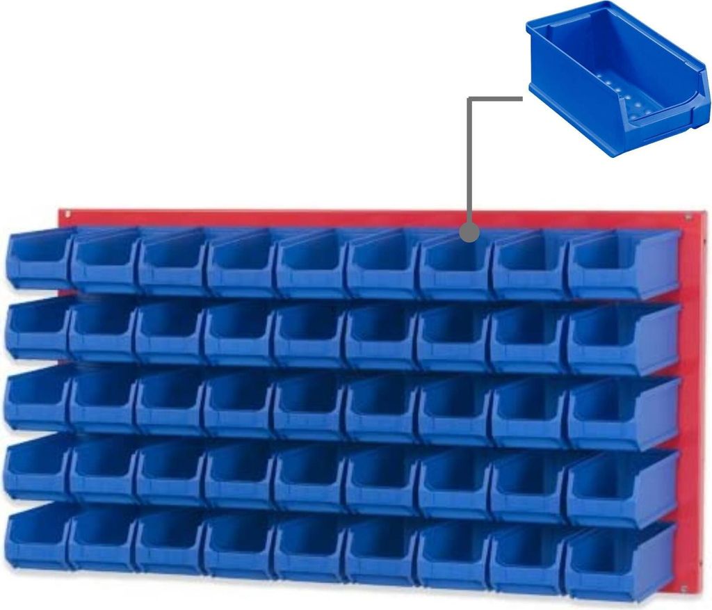 Trägersystem Rote Systemplatte mit 45x blauen Sichtlagerboxen 2.0 | Maße HxB 50x100cm | Sichtlagerbox, Sichtlagerbehälter, Sichtlagerkasten