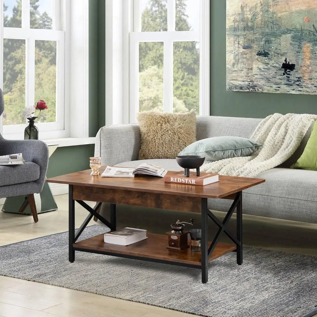 Table basse bois marron avec cadre en X robuste et étagère double