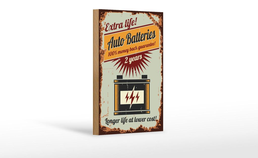 Holzschild Retro 12x18cm Auto Batteries extra life