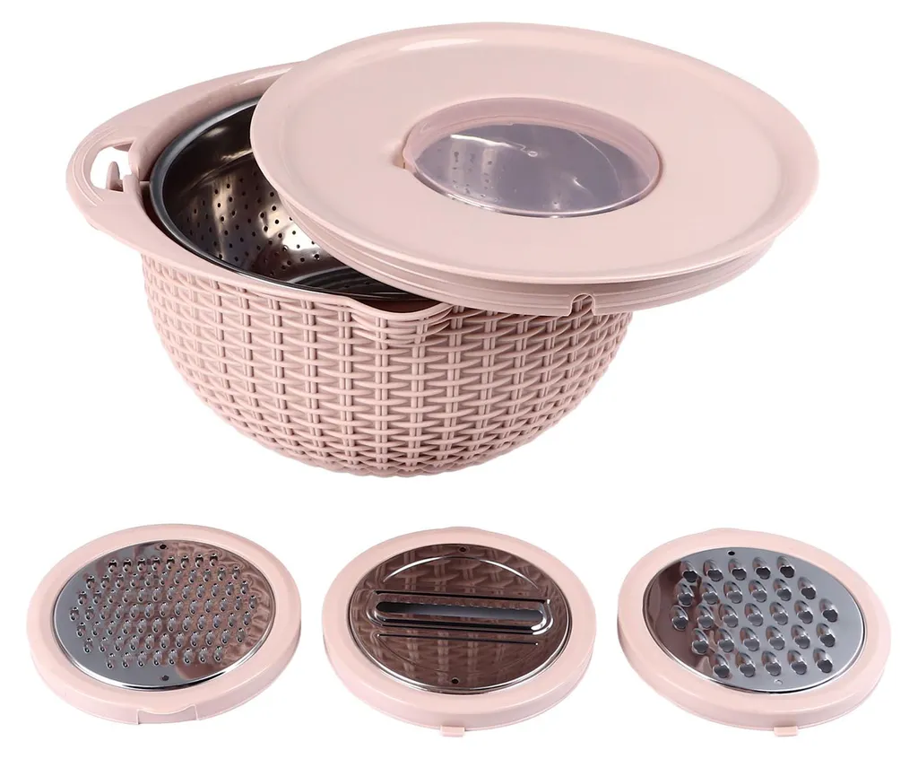 Bol tamis 4 en 1 inox rose avec outils de coupe et poignée ergonomique
