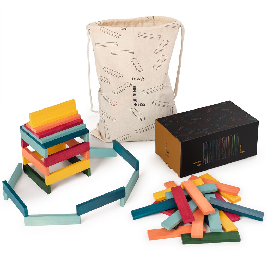 Laleni 90 Holzbausteine 6 Farben - Bauklötze mit Beutel, Bausteine Holz, Holzbaukasten, Natur