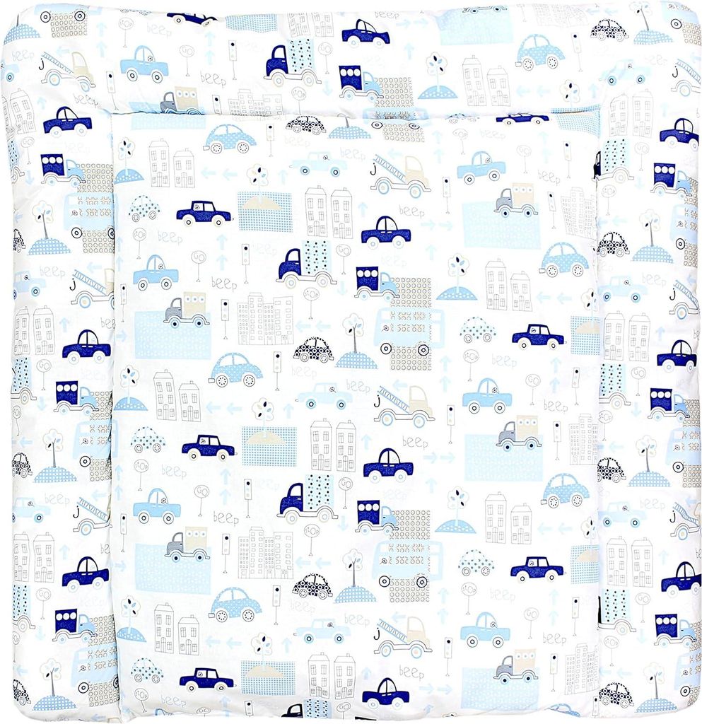 TupTam Baby Wickeltischauflage mit Baumwollbezug Gemustert, Farbe: Autos Blau, Größe: 70 x 60 cm