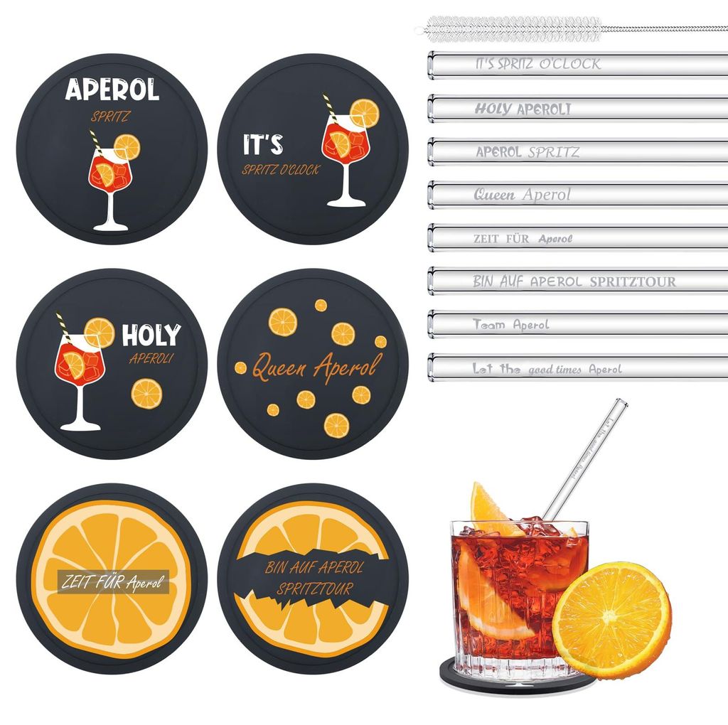 Aperol Spritz 14-teiliges Geschenkset inklusive 8 Aperol Glasstrohhalmen mit Text und 6 Aperol Silikonuntersetzern, Aperol Spritz Accessoires für ...