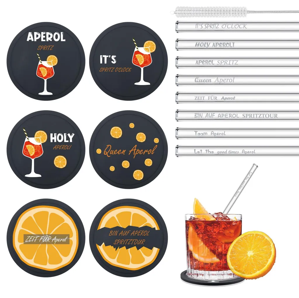 Set d'accessoires Aperol Spritz avec pailles en verre et sous-verres design