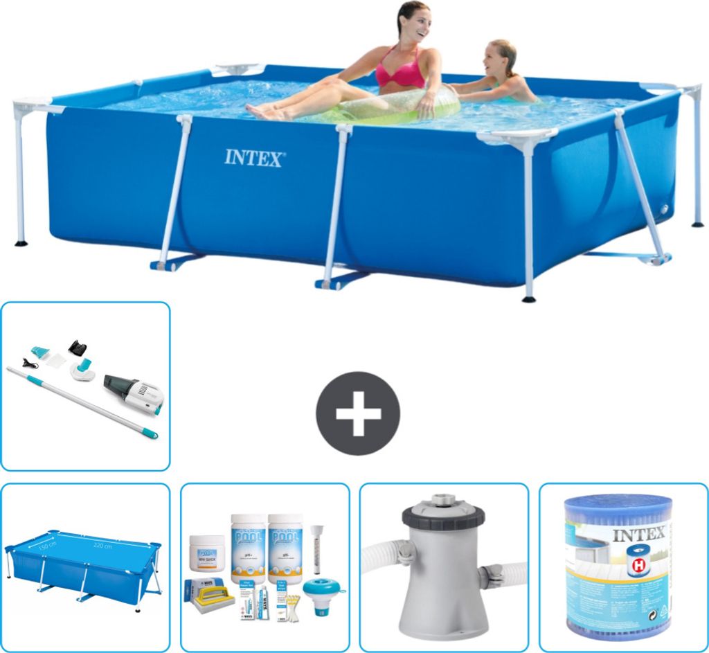 Intex-Schwimmbecken mit rechteckigem Rahmen – 220 x 150 x 60 cm – Blau – im Lieferumfang enthalten Sonnensegel - Wartungspaket - Filterpumpe ...