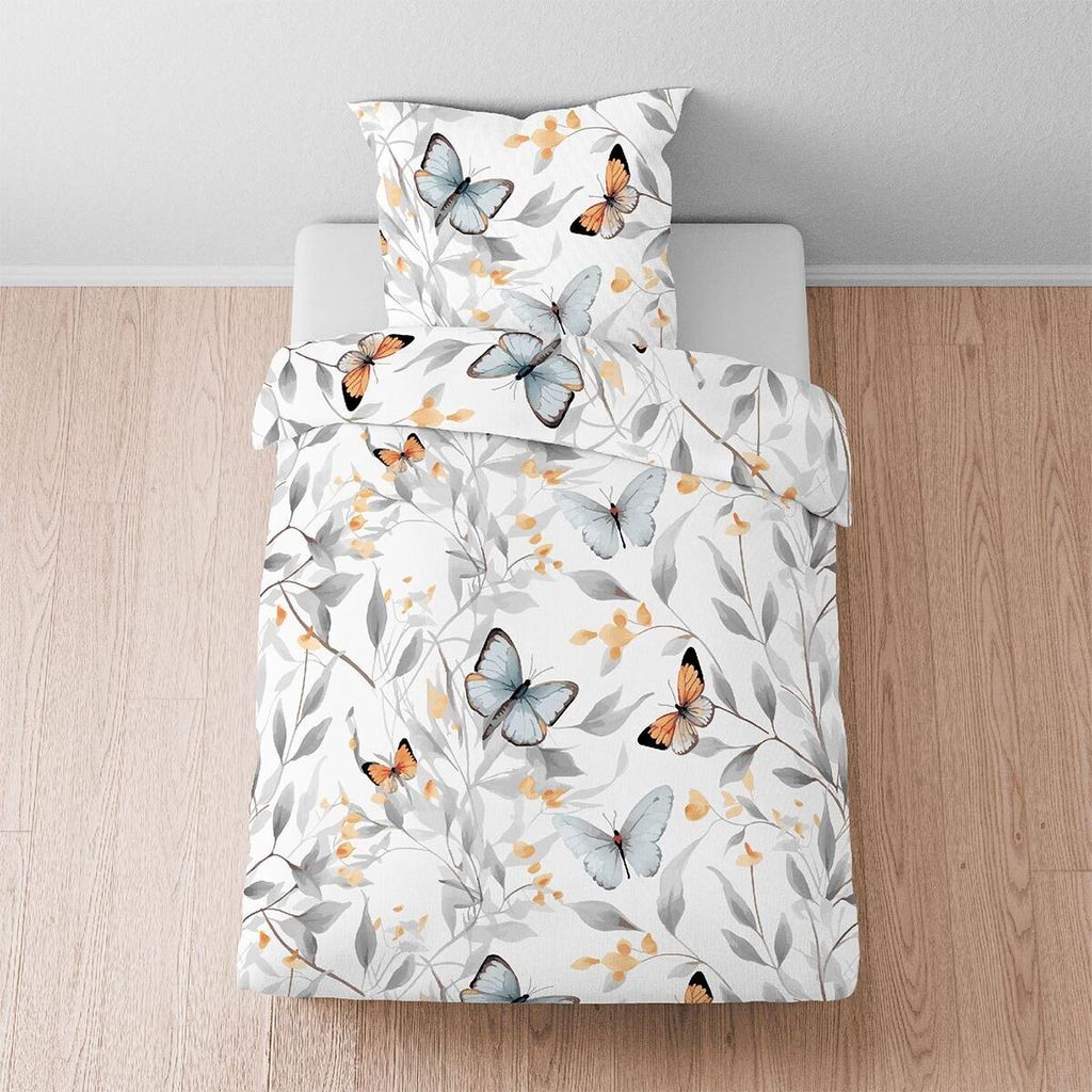 Biberna Lyocell Lyocell Bettwäsche Schmetterlinge weiss 155x220 cm + 80x80 cm