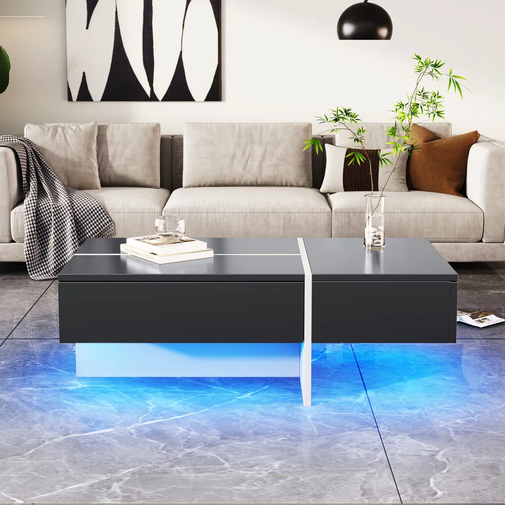 Table Basse de Salon Rectangulaire Noire avec LED pour Soirée Cinéma