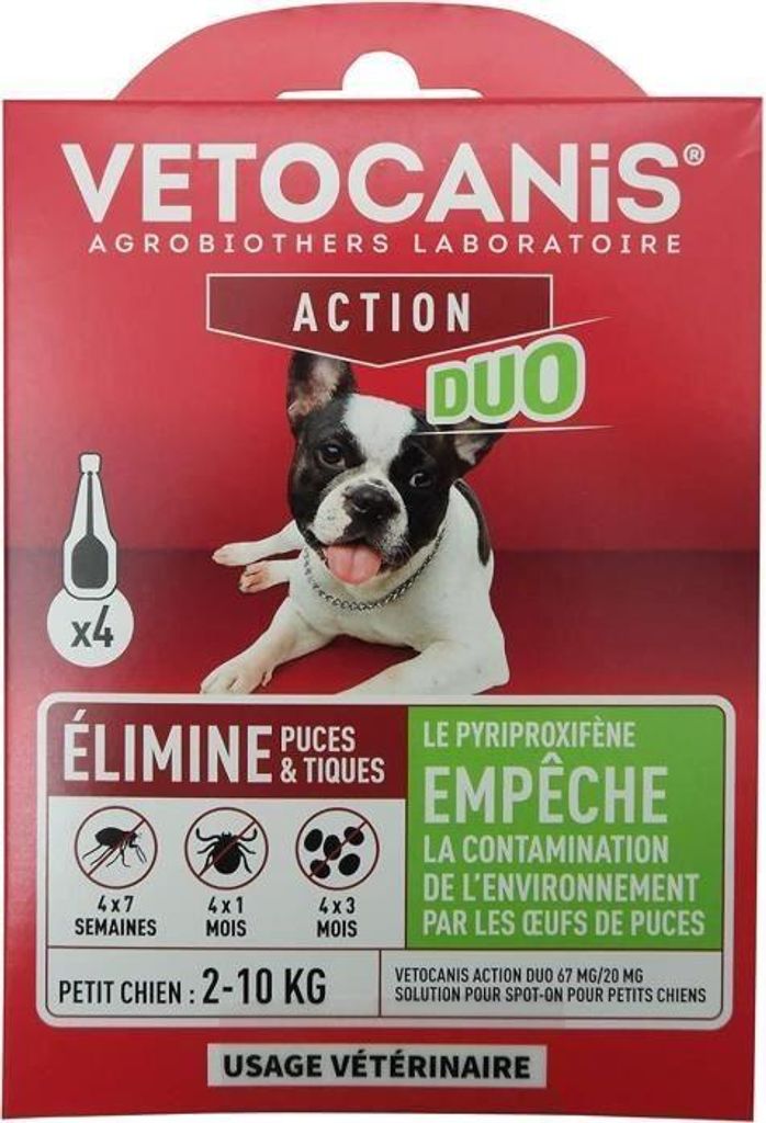 Pipetten - VETOCANIS - x4 Anti-Floh- und Zecken-Duo-Pipetten 67 mg/20 mg für kleine Hunde