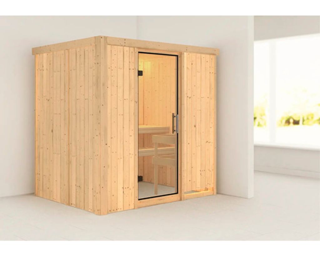 Plug & Play Sauna Karibu Wanja ohne Ofen und Dachkranz mit Ganzglastüre aus Klarglas