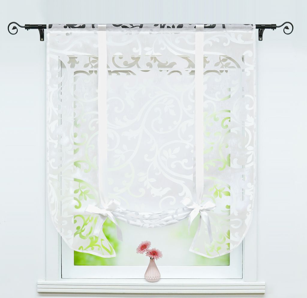 Joyswahl Raffrollo Voile Raffgardinen Schlaufenrollo mit Pteris-Muster Band Stangendurchzug halbtransparent Weiß BxH 60x140cm