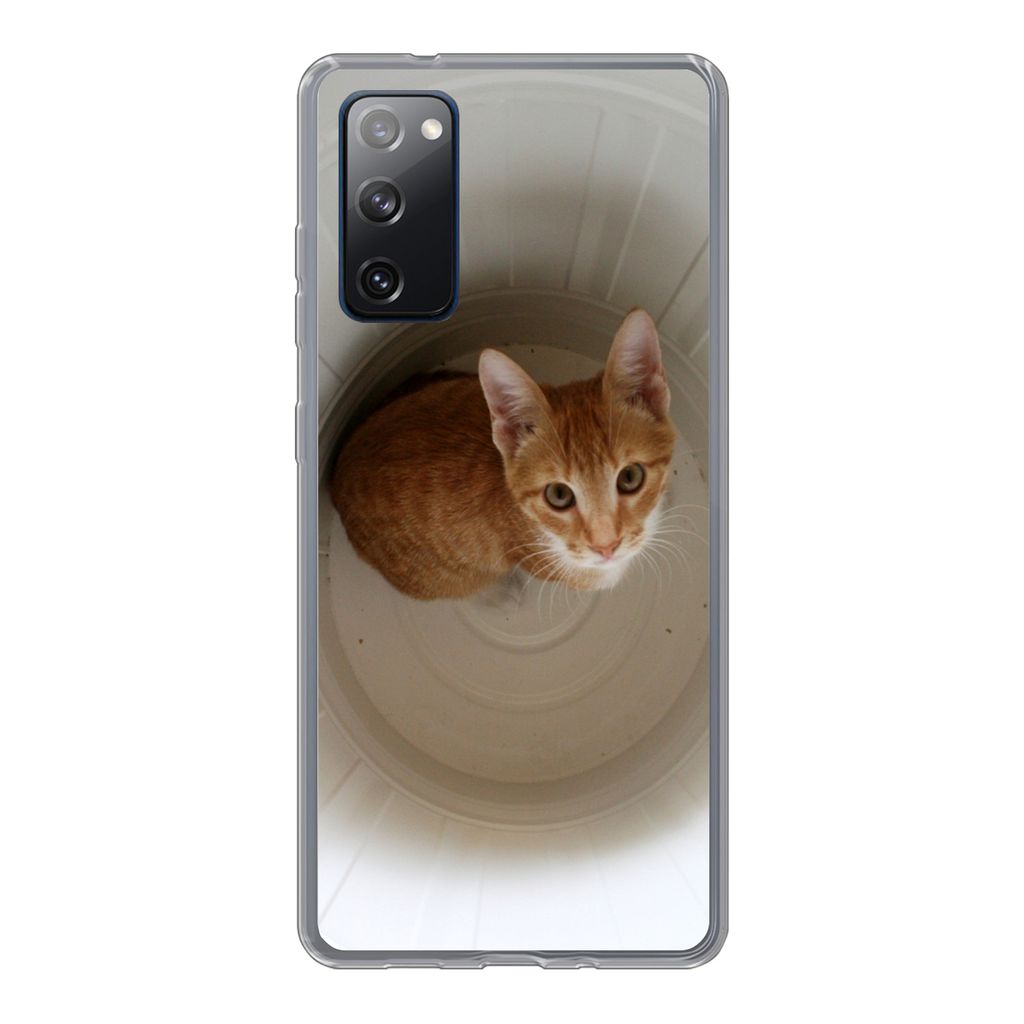 MuchoWow Handyhülle Schutzhülle Hülle für Samsung Galaxy S20 FE Katze - Mülleimer - Weiß Silikon Softcase Handy Hülle - Abdeckung