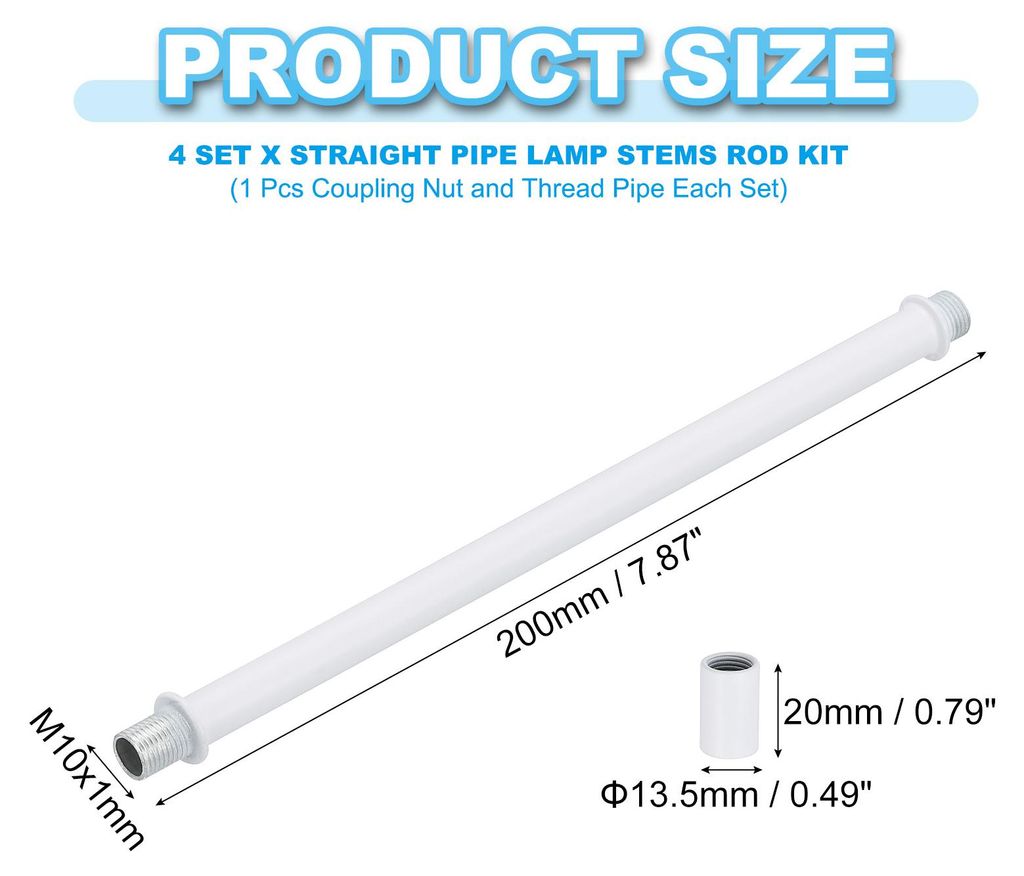 Gerades Rohr-Lampen-Stiel-Set, Lampenstiel 4 Stš¹ck M10 Kohlenstoffstahl 200mm (7,87") lang Doppelseitiges Gewinderohr mit Kupplungsmutterhš¹ls...