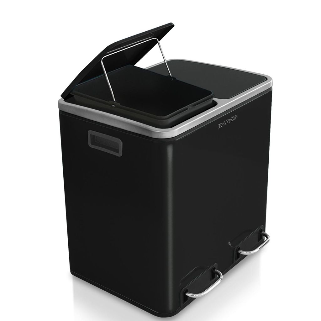 A black dual-compartment trash can with silver pedal levers and trim, shown from a slightly elevated diagonal angle against a white background.