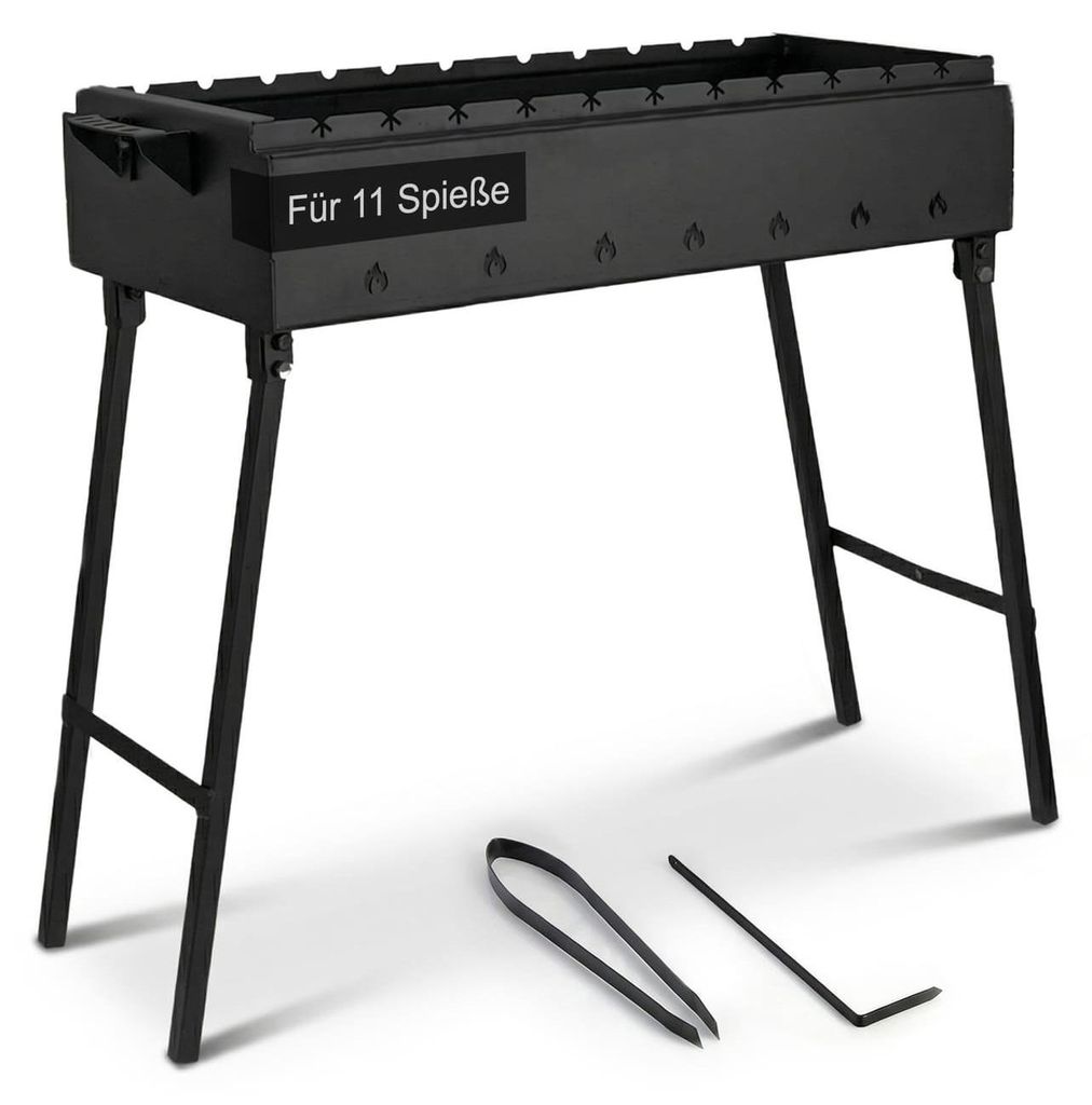 Klappbar Mangal für 11 Spieße, Länge 70cm, Stahl 2,0mm, Holzkohlegrill BBQ für Spieße oder Grillrost Schaschlik Shashlychnik Grill