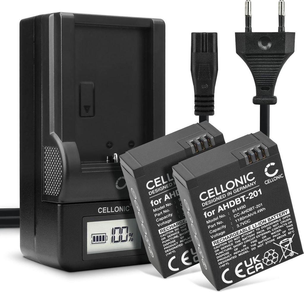 CELLONIC 2x Akku für Kamera Kompatibel mit GoPro Hero 3plus, Hero 3, Hero 3 Black, AHDBT-301 - (1180mAh, 3.7V) + Ladegerät