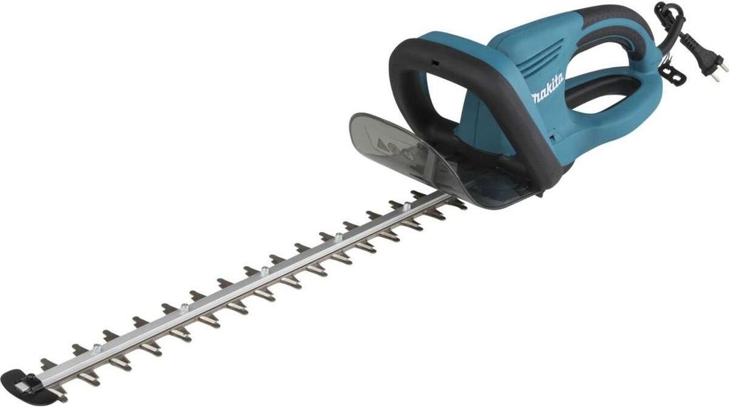 A teal and black electric hedge trimmer is shown against a white background.