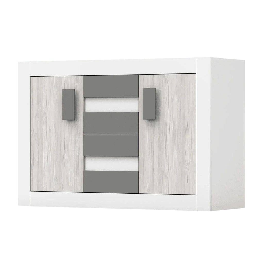 Kommode Sideboards Highboard 145 cm Weiß/Kathult Grau mit zwei Drehtüren und vier Schubladen Helios