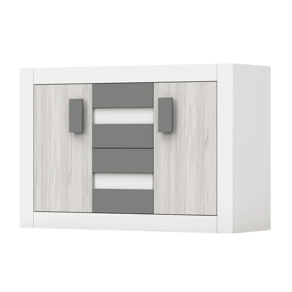 Meuble de Rangement Helios 145 cm à 2 Portes et 4 Tiroirs Gris/Blanc
