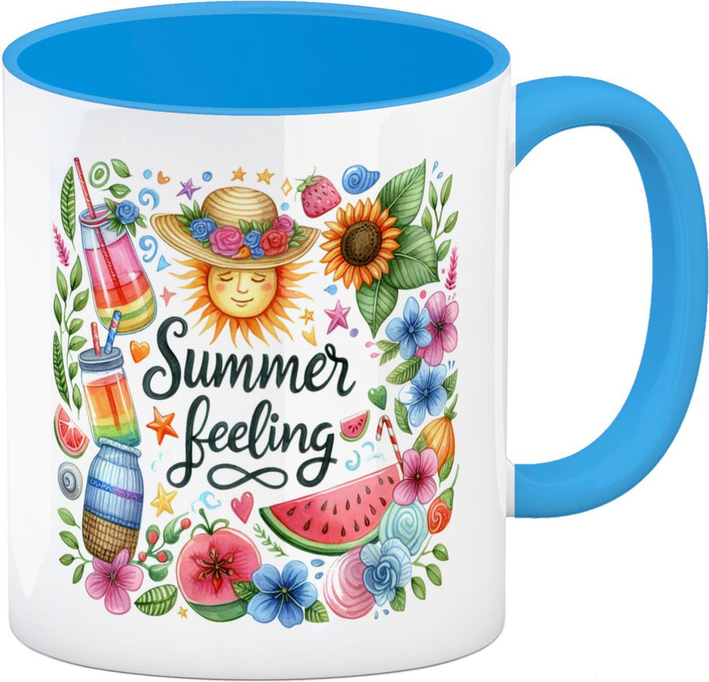Sonne und Sommer Kaffeebecher in hellblau mit Spruch Summer feeling