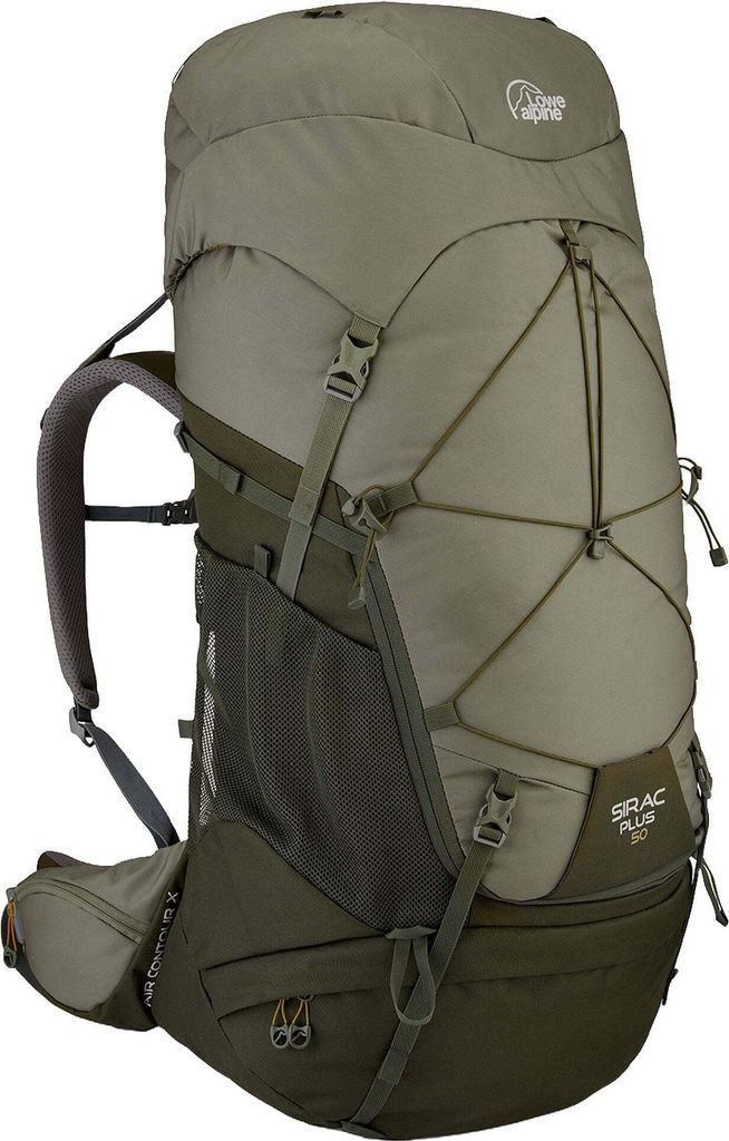 A green and gray trekking backpack is shown against a white background.