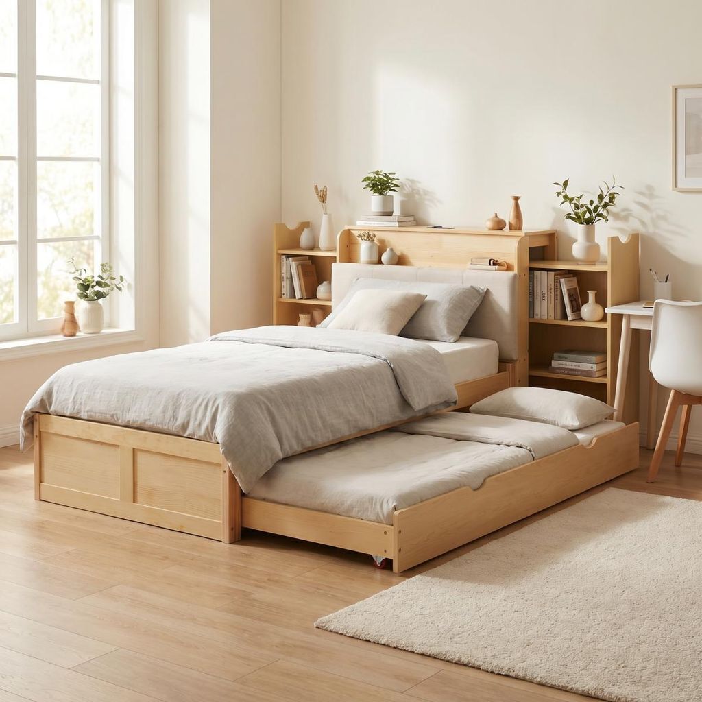 90x200cm Lagerbett mit ausziehbarem Gästebett gepolstertes Kopfteil USB Anschluss platzsparend Naturfarben