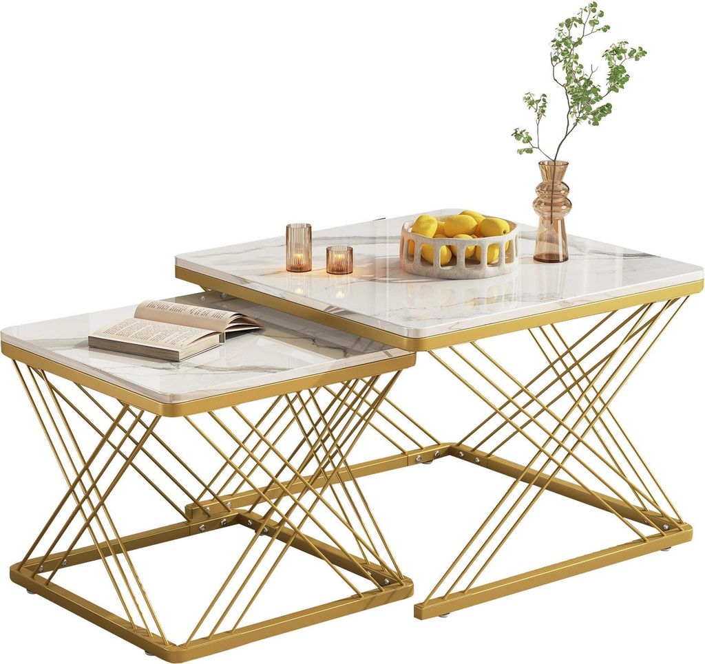 Couchtisch-Set quadratische 60x60x45cm+45x45x40cm Hochglaenzende Marmoroptik Hoehenverstellbare Fuesse Hochglanz-Kombi-Couchtisch 2-teiliges Weiss