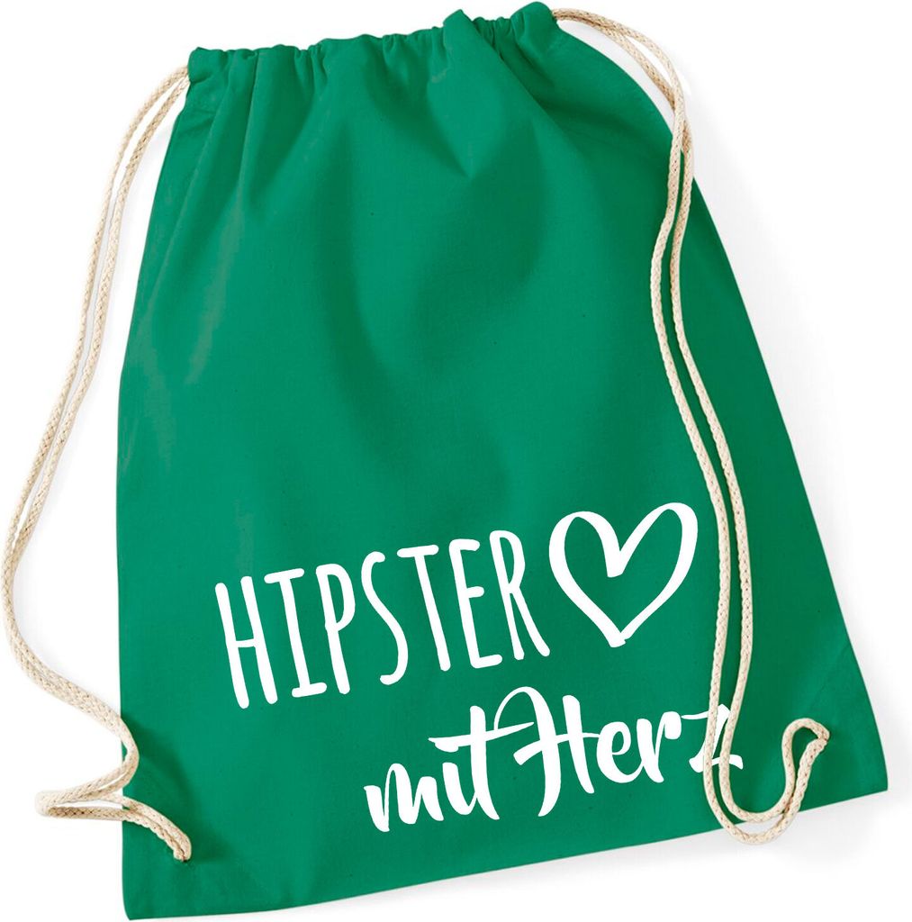 Huuraa Turnbeutel Hipster mit Herz 12 Liter Kelly Green Baumwolle Rucksack Geschenkidee