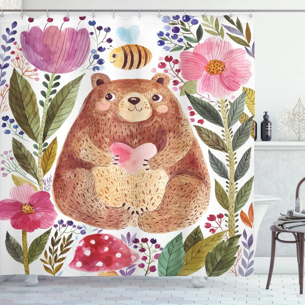 ABAKUHAUS Tenda da doccia con fiori acquerellati, simpatico spirito con fiori e api, spirito animale, natura, illustrazione moderna, 175 x 240 cm, multicolore