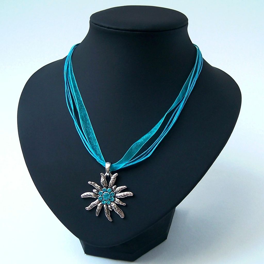Halskette Kette Tracht Dirndl Edelweiss Organzaband Türkis Produktbild 3