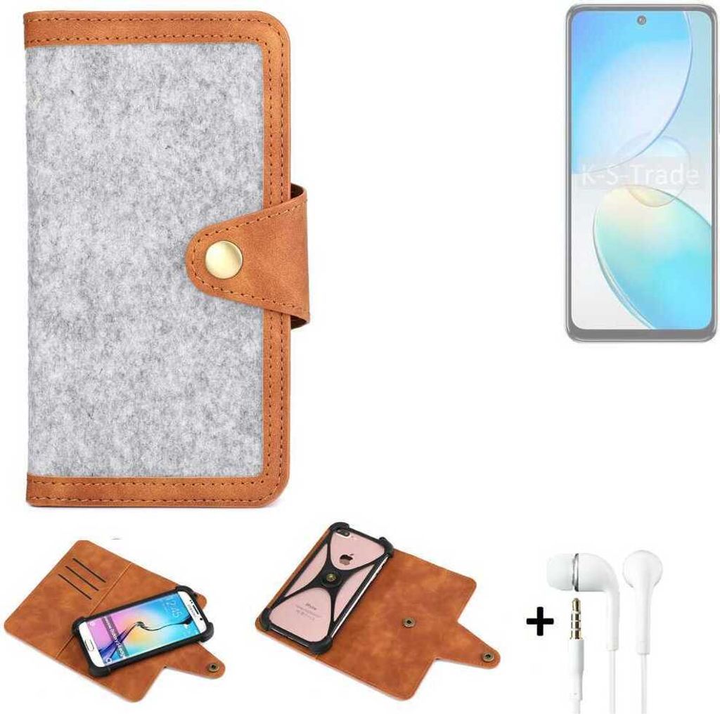 K-S-Trade Handyhülle + Kopfhörer kompatibel mit Infinix Hot 12 Schutzhülle Filz Hülle Kunstleder hellgrau braun (1x)